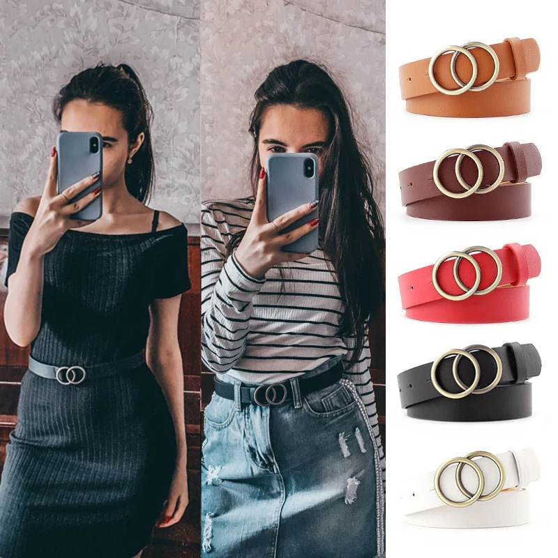 Double Ring Belts For Women Fashion Dress Jeans Belt Pu Leather Metal