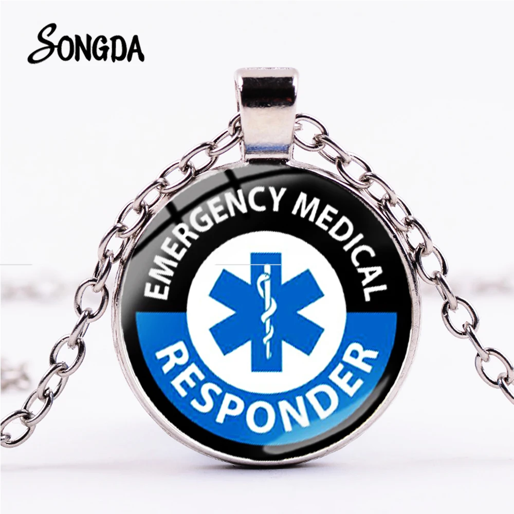 

SONGDA Diabetic Type Medical Alert Necklace Emergency Responder Patterns Glass Pendant Handmade Silver Long Chain for Men Women