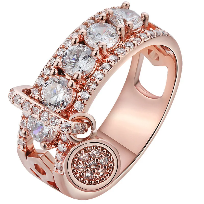 Новинка, кольца из розового золота для женщин, полностью Кристальное обручальное кольцо из Стразы для дам, Женские аксессуары, кольца на палец, ювелирное изделие, подарок