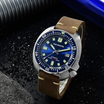 blue with logo San Martin, новинка 6105, часы для дайвинга, 200 м, водостойкие, Акула, кожаный ремешок, водостойкие, для мужчин, автоматические наручные часы для мужчин - Цвет: blue with logo