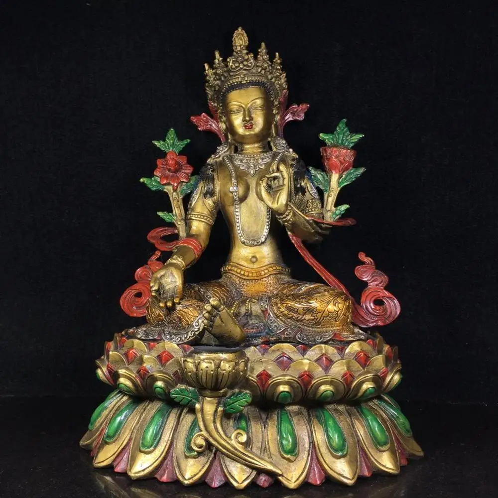 

13" Tibet Buddhism Temple bronze Painted Green Tara Guanyin Buddha Statue Green Tara Avalokitesvara Enshrine the Buddha
