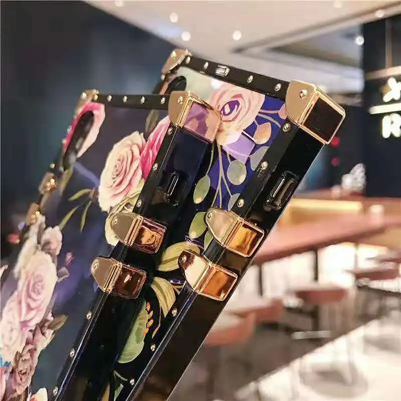 Luxury Blue Ray Flower Rose Square Silicone Holder Phone Case for iphone XR XS Max X 11 6 s 7 8 plus for samsung S9 S10 Note 10 (11)