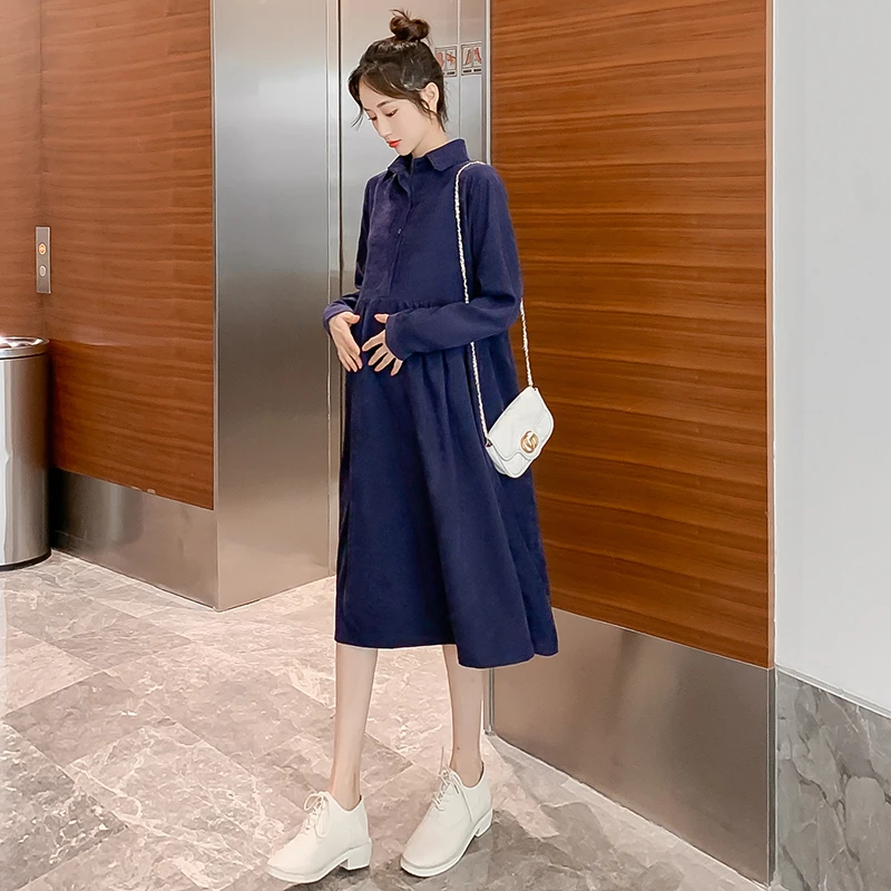 4096 dark blue Вельветовое платье для беременных, однобортное платье русалки с длинным рукавом и отложным воротником, консервативный стиль, хлопковое платье для беременных женщин - Цвет: 4096 dark blue