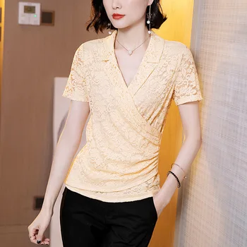 

Europe New Women Summer High Street Fashion Sexy Criss Cross V Neck Short Sleeve Sexy Lace Hot T Shirt Tops Female Elegant Shirt
