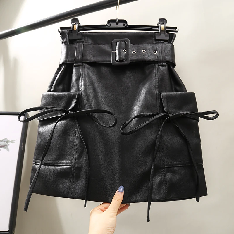 black Осень зима из искусственной кожи Высокая талия облегающая короткая мини-юбка с поясом Женская 19J-a46 - Цвет: black