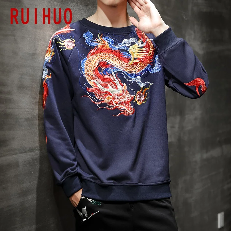 RUIHUO Chinese Dragon Embroidery Sweatshirt Men Harajuku Sweatshirt Men Japanese Streetwear Men