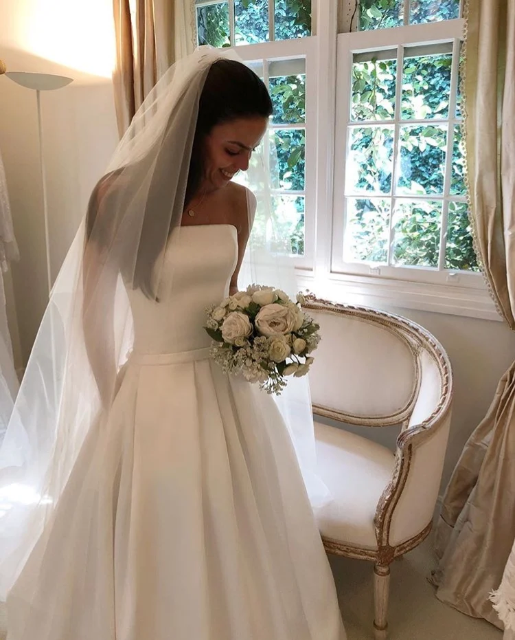 

2019 hot sale Simple Boho A-line Satin Draped Bridal Dress with pocket Bow Sashes Vestidos De Noiva Wedding Dresses