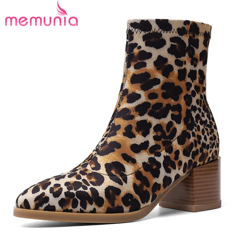 

MEMUNIA 2020 new arrival women ankle boots pointed toe Leopard Stretch boots autumn winter high heels party dress shoes woman