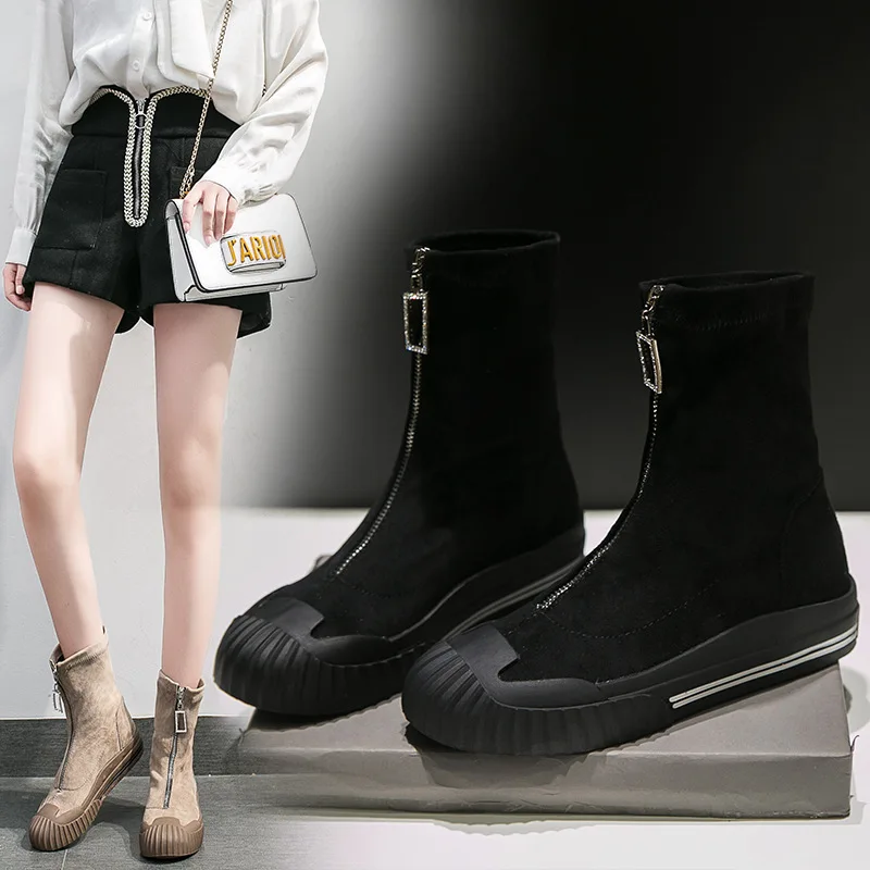 

Suede Women's Flat Boots Short Boots Korean-style Spring And Autumn Middle Boots Women's shi shang xue Children 2019 Autumn Mart