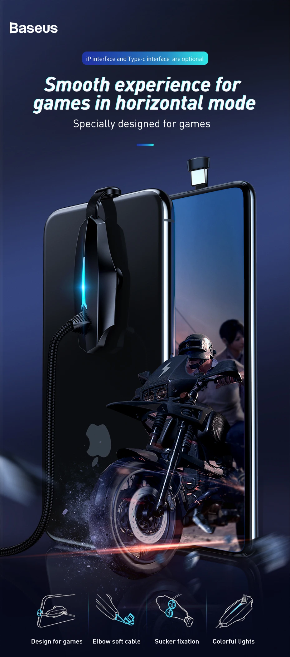 Baseus дизайн для игр кабель для iPhone кабель для зарядки с красочными лампами usb type C кабель для samsung Xiaomi USB C интерфейс