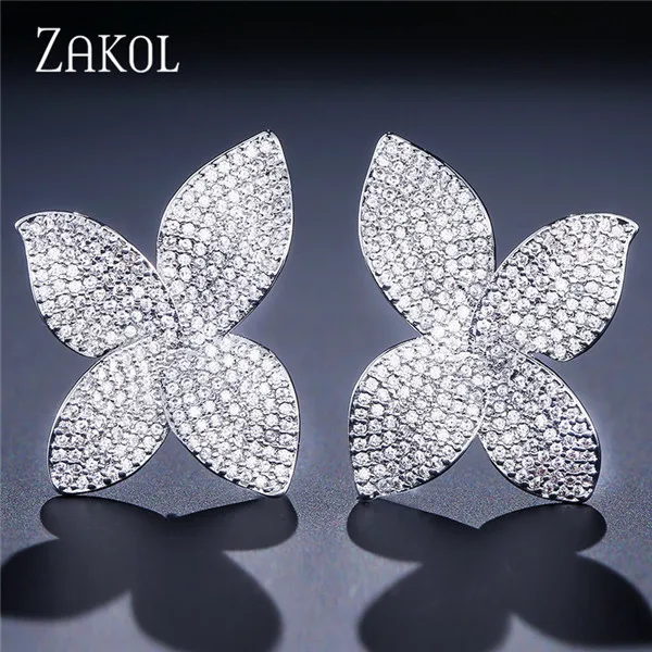 ZAKOL новые модные роскошные серьги-гвоздики с бабочкой AAA кубическим цирконием, с большим цветком, для женщин, вечерние, подарки FSEP2078 - Окраска металла: White Color