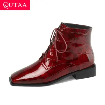 

QUTAA 2020 Retro Square Toe Autumn Winter Short Boots Cow Patent Leather Ankle Boots Lace Up Square Heel Women Shoes Size 34-41