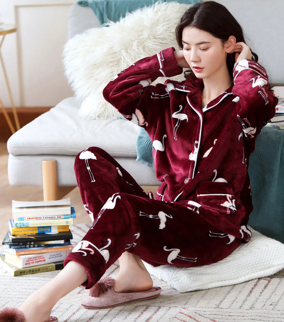 Women Thicken Warm Soft Pajamas Sets Pink Red Fashion Pajamas Long Sleeve Flannel Pyjamas Sets plus size pajamas