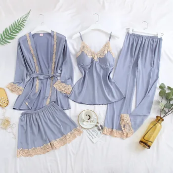 

Women Pajamas 4 Pieces Sets Silk Satin Solid Pyjama Set Sexy Pajamas Lace Night Suits Sleepwear Home Clothes sleepwear robe Set