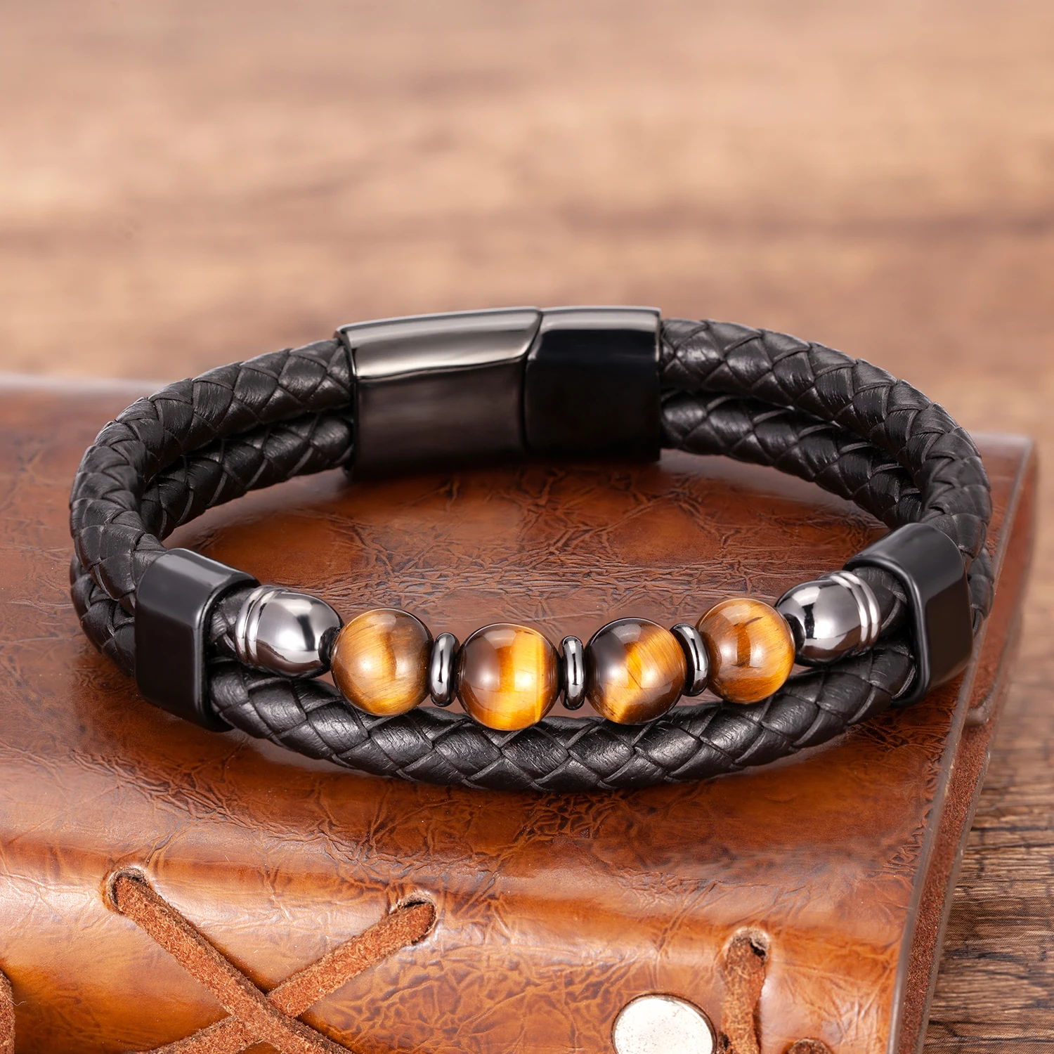 16 Style Tiger Eye Bracelet For Men Black Leather Rope Chain Round Beaded Natural Stone Bracelet Women Fashion Jewelry Wholesale - Image 2