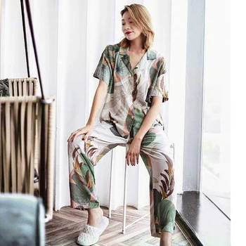 

Summer pajamas for women Palm Leaf Printing Pijamas Short Sleeve Pants Pyjamas Loungewear Sexy Sleepwear Home Sleep Set
