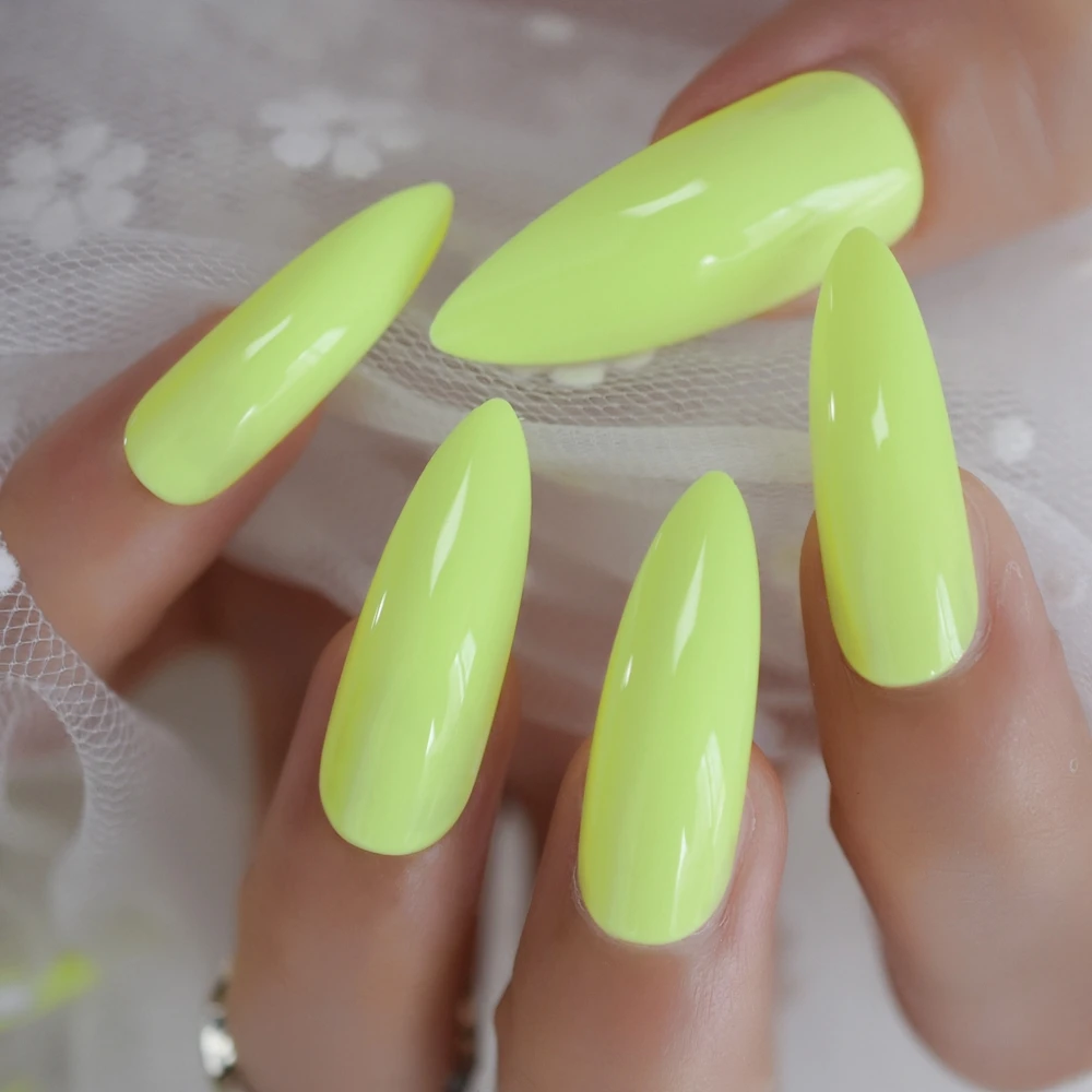

Long Shiny Sharp Stiletto Fake Nail Full Cover Fluorescence Green Artificial Nail Tips Popular Acrylic Solid Color Nails Tips