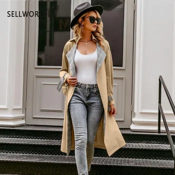 

Vintage Plaid Autumn Winter Long Coat With Belt Women Coat Turn-down Collar Stitching Female Trench Cardigan Coat