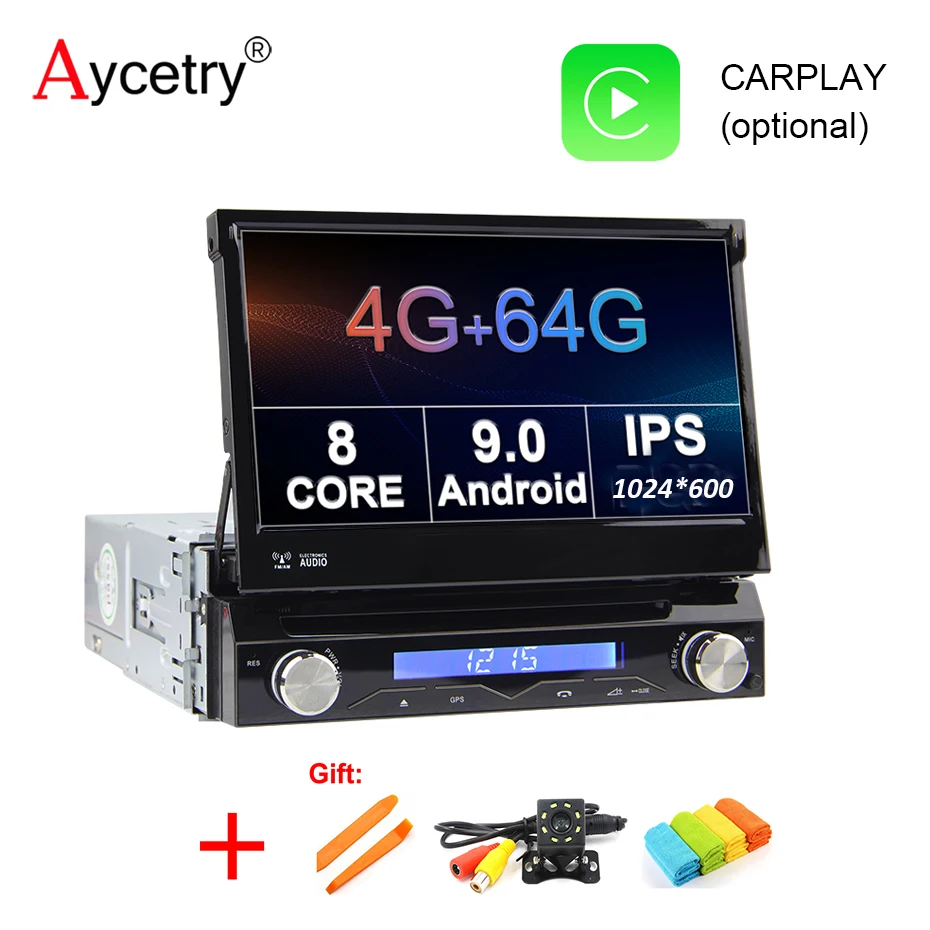 4G+64G Octa core Android 9.0 Univeral One din Car radio Multimedia Player GPS Navigation 7" IPS HD Retractable Autoradio AUX-IN