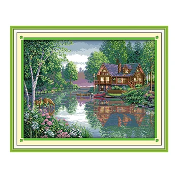 Leisurely Cottage Cross Stitch Kit Pattern Chinese Style Embroidery 11CT 14CT Needlework Household Landscape Decorative Painting 1