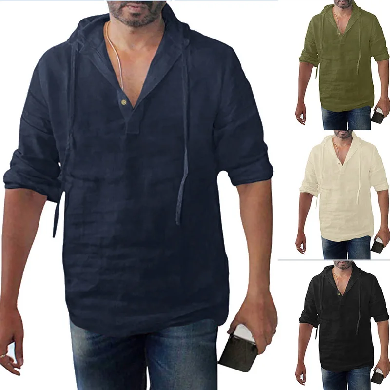 Винтажная хлопковая льняная рубашка с капюшоном с рукавом VogueLong Camisa Masculina, летняя рубашка с v-образным вырезом, Homme, пуловер, мужские рубашки