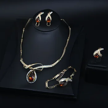 

Ladies Jewelry Set European American Fashion Alloy Gemstone Necklace Earring Ring Bracelet Four-piece Female Clothing Accessorie