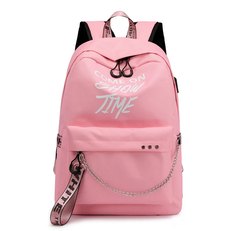 Usb зарядка, новинка, светящаяся цепочка, нейлоновая женская сумка для книг, рюкзак, школьная сумка, дорожная сумка для женщин, для подростков, девочек - Цвет: Розовый
