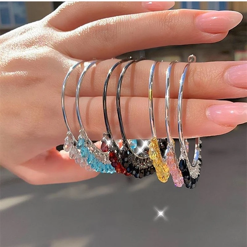 

Elegant Vigorous Lady's Big Hoop Earrings with Colorful Crystal Water Drops Retro-vintage Modern 925 Sterling Silver Earrings