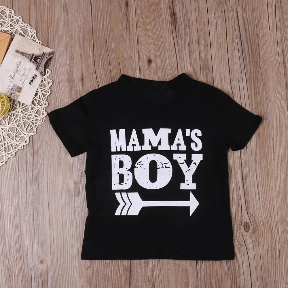 Mama's Boy/Одежда для маленьких мальчиков с принтом; крутая летняя футболка с короткими рукавами; модная детская футболка; футболки; одежда - Цвет: Черный