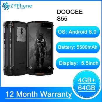 

IP68 DOOGEE S55 outdoor waterproof Smartphone MTK6750T Octa Core 4GB RAM 64GB ROM 5500mAh 5.5inch Android 8.0 Dual SIM 13.0MP