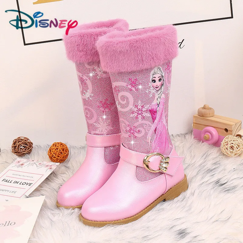 Pink Disney/Новые высокие сапоги Эльзы для девочек на высоком каблуке; сезон осень-зима; теплая детская зимняя обувь с блестками; ботинки «Холодное сердце» - Цвет: Pink