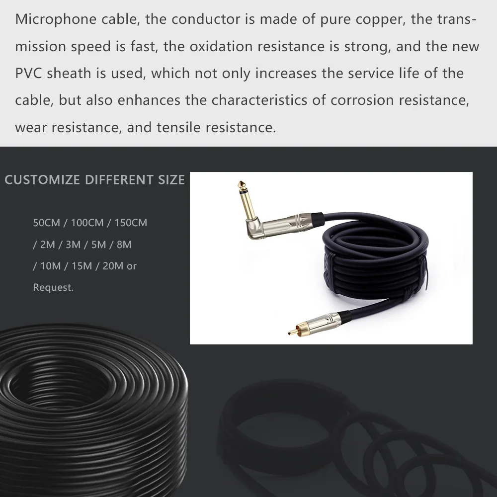 Vergoldetes Cinch-Stecker-Kabel auf 6,35 mm rechtwinkligen Mono-Klinken, Audio-Stecker, symmetrische Montage, Mikrofon-Adapter – Detail 7