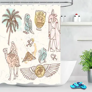

Ancient Egypt Hand-drawn Polyester Fabric Shower Curtain Bathroom Decor Hooks
