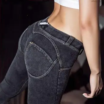 

New Elastic Sexy Push Up Jeans Fashion Cotton Women Jeans Leggings Low Waist Workout Fake Pocket Peach Softener Pencil Pants