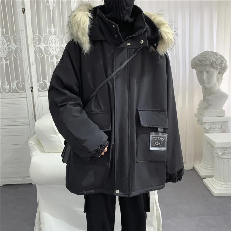 

2019 Winter New Fur Collar Student Wild Cotton Clothing Fashion Casual Solid Color Hooded Jacket Black / Khaki M-2XL