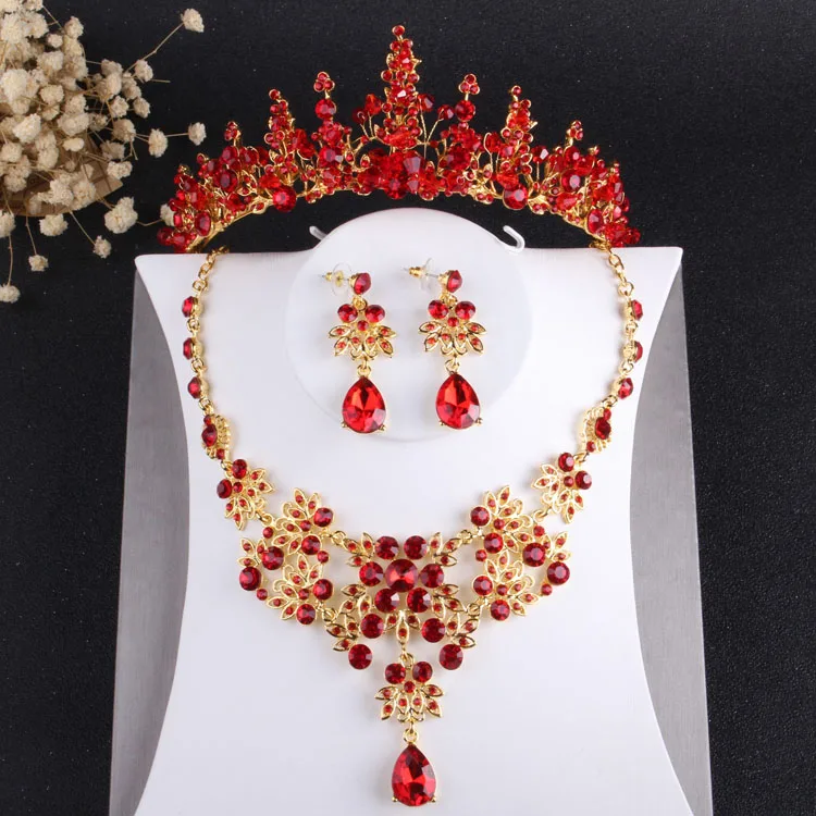 3Pcs Jewelry Set Барокко Винтаж Золотой Красный Кристалл Свадебный комплект ювелирных изделий с драгоценными камнями тиары Чокеры ожерелье серьги набор африканские бусины набор ювелирных изделий - Окраска металла: 3Pcs Jewelry Set