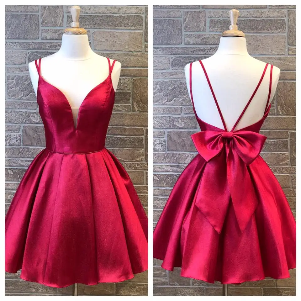 Burgundy Платья для выпускного, Бургунди,, красные платья Hoco, Короткие Выпускной вечеринка, платье трапециевидной формы, на тонких бретелях, с бантом сзади, на заказ - Цвет: Burgundy
