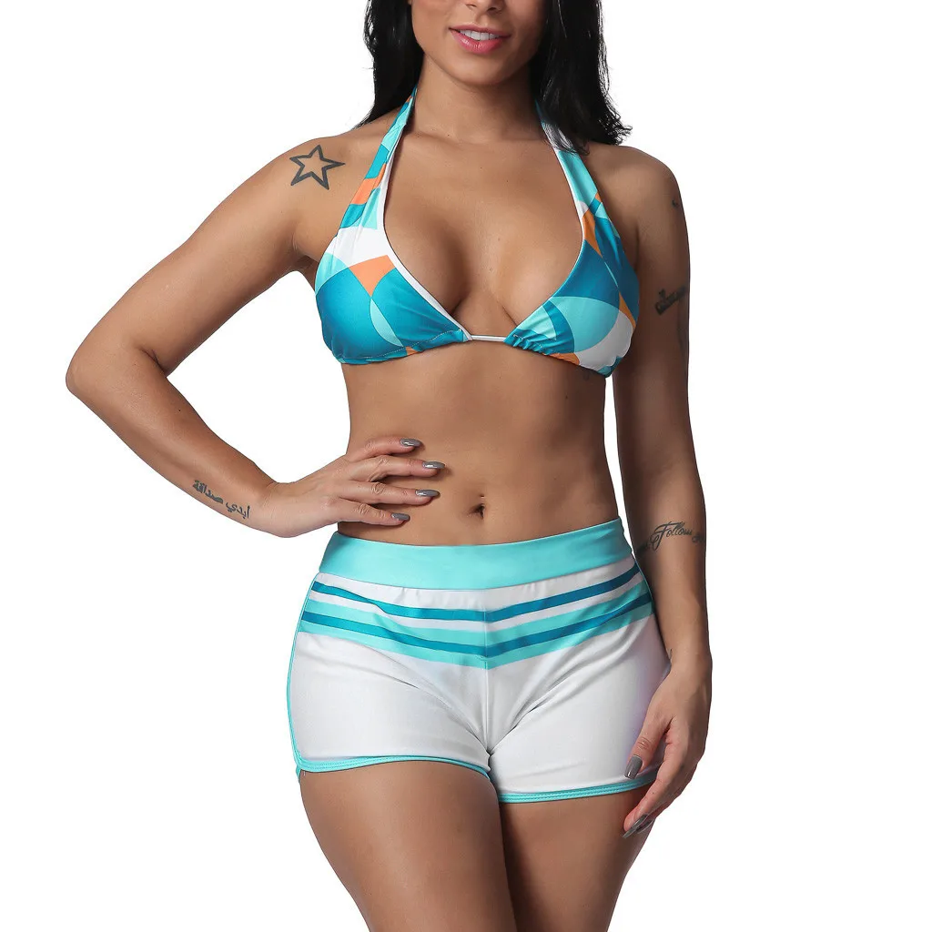 

Patchwork Print Multicolor Leopard Halter Shorts Padded Bikini Set Womens Swimsuits Swimwear Beachwear Beach Bathing Suit Summer