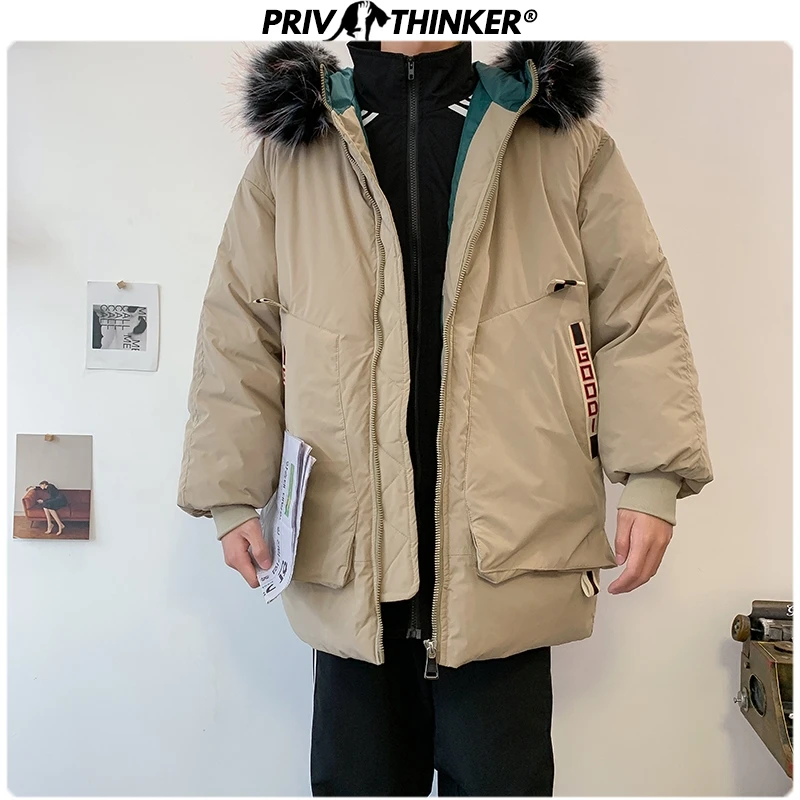 Privathinker Мужская зимняя утепленная куртка с капюшоном и меховым воротником, Мужская модная свободная теплая куртка, Мужская Уличная куртка
