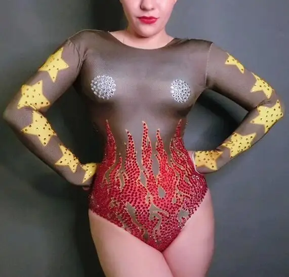Bodysuit Only 3D Пламя красные стразы облегающее боди эластичный длинный рукав Бар ночной клуб концертный женский диджей певец танцор сценический костюм - Цвет: Bodysuit Only
