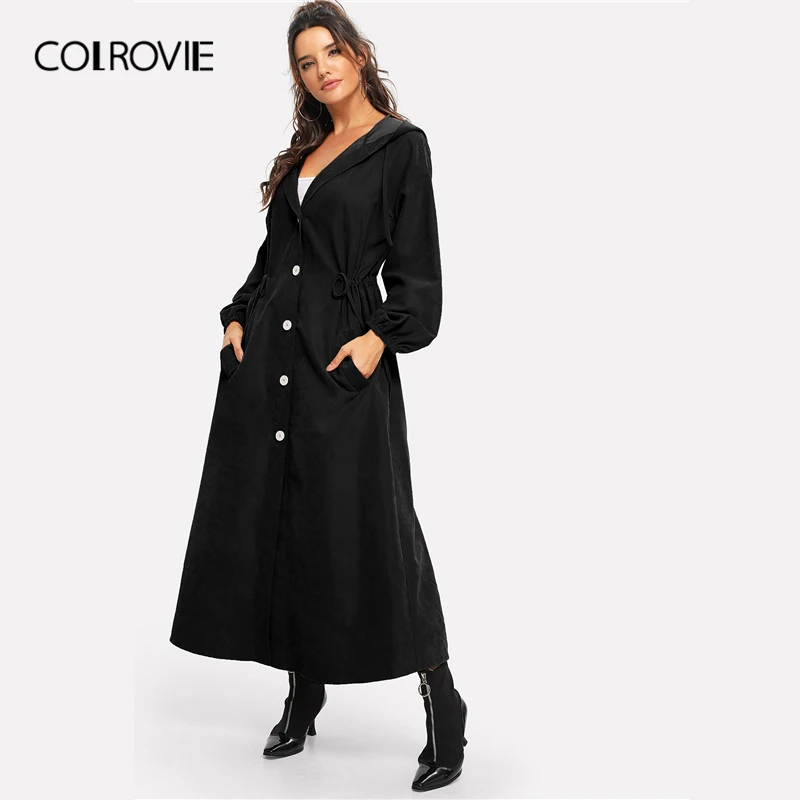 COLROVIE/черное пальто на талии с завязками и пуговицами, с разрезом на спине, для женщин,, осеннее пальто с рукавом Бишопа, женские длинные куртки с капюшоном, однотонная верхняя одежда