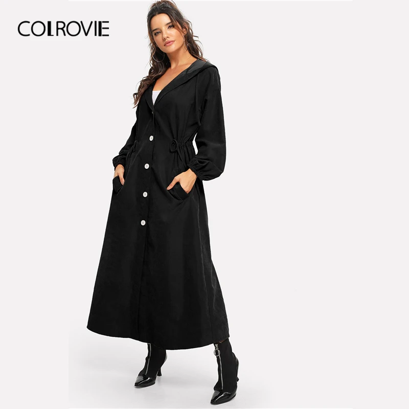 Женская длинная куртка с капюшоном COLROVIE черная однотонная разрезом на талии и