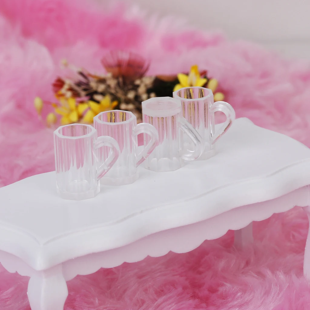 4pcs Dollhouse Miniature Plastic Clear Beer Mugs Cup Kitchen Bar Tableware Accessory 1:12