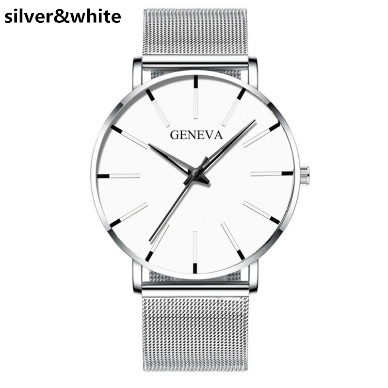 Uhren Herren Geneva модные мужские часы синие часы с ремешком-сеткой классические роскошные кварцевые наручные часы спортивные часы Relogio Masculino - Цвет: M silver white
