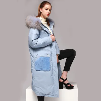 

2020 European Winter White Duck Down Jacket Women Long Ladies Down Coat Racoon Fur Collar Pink Parka Veste Femme KJ733