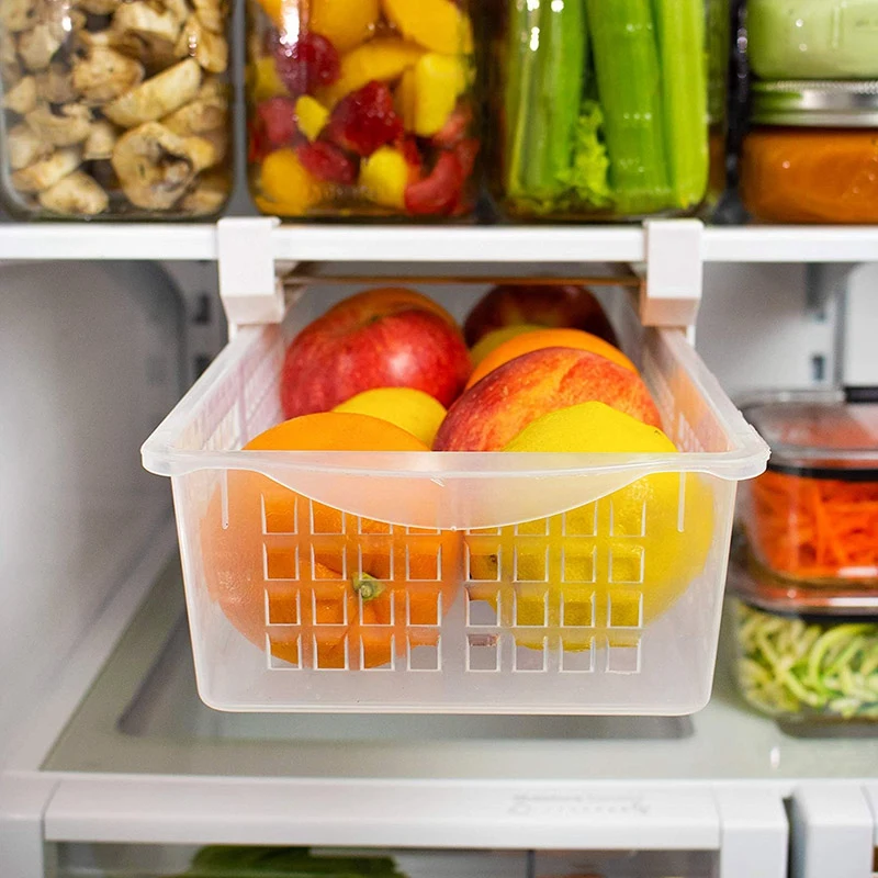 Fridge Organizer Drawer, Refrigerator Pull-Out Bin Adjustable, Installs Under Shelf Fits Most Fridges, Plastic