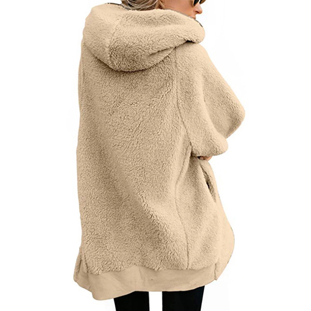 Women Coat Winter Causal Soft Hooded Pocket Zipper Fleece Plush Female Coat Warm Plus Size Faux Fur Fluffy Women Jacket