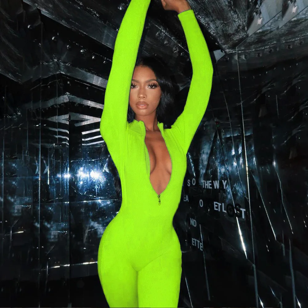 Summer New Sexy Casual Women's Wear Green Blue High Collar Zipper Elastic Sports Fitness Tight Pants Jumpsuit