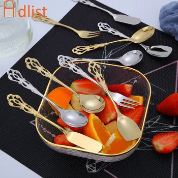 

5PCS Gold Silver Dinner Spoon Fork Teaspoon Cutlery Set Butter Cake Spatula Fruit Salad Forks Western Dinnerware Tableware Sets