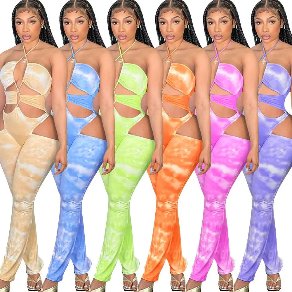 

Summer Tie Dye Print Bodycon Overalls for Women Sexy Fitness Halter Hollow Out Sleeveless Pencil Pant Club Jumpsuit Women Romper